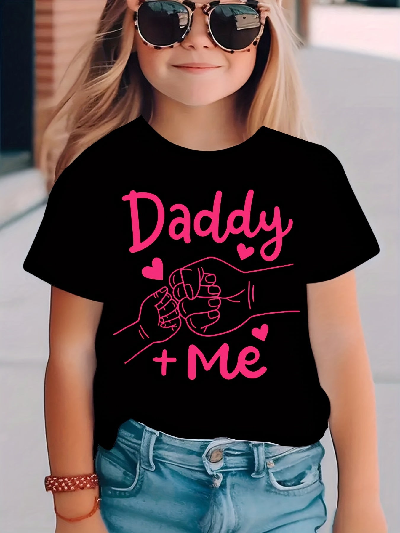 Summer Fashion Girls' Short Sleeve T-Shirt with "Big Fist Meets Little Fist" Daddy + Me Letter Print Casual Top NYDX4322