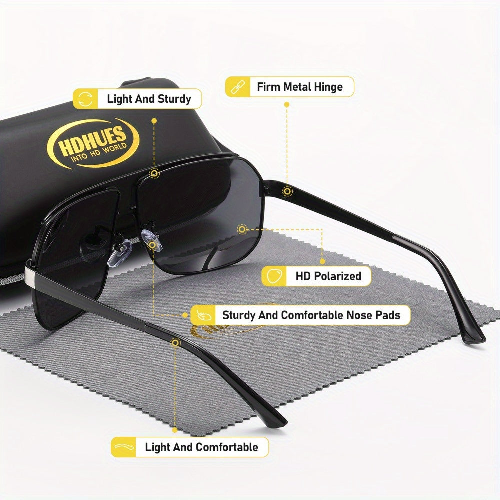 HdHues Unisex Polarized Glasses, Casual Square Oversized Frame, Metal & Acetate, PC Lens, UV Protection, Daily Leisure Sports Glasses with Case