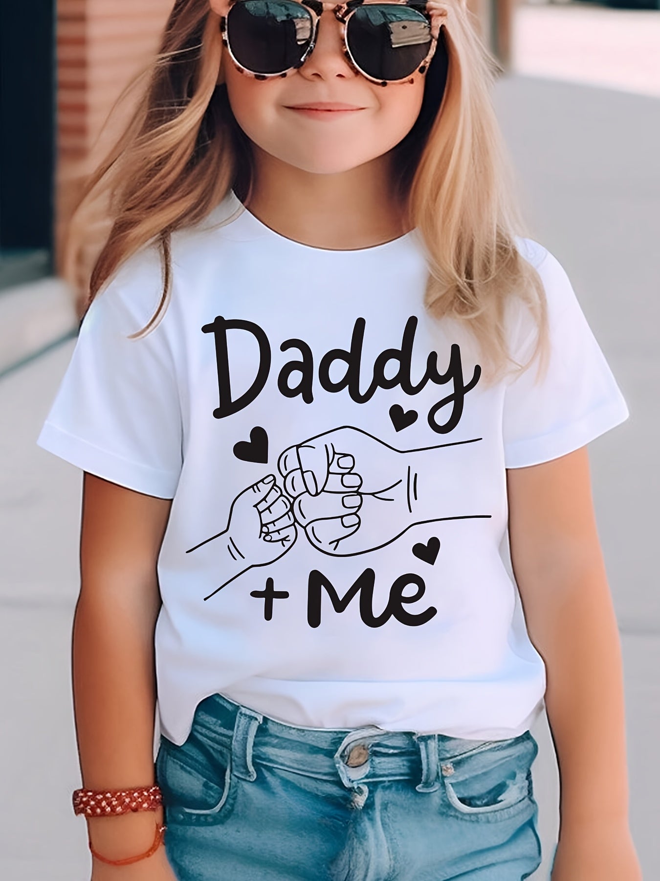 Summer Fashion Girls' Short Sleeve T-Shirt with "Big Fist Meets Little Fist" Daddy + Me Letter Print Casual Top NYDX4322