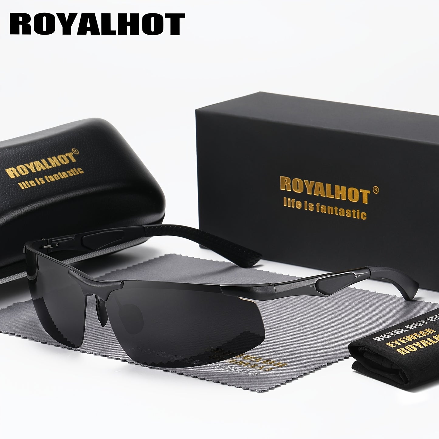 RoyalHot Men's Premium Aluminum Magnesium Polarized Fashion Glasses Driving Fashion Glasses with Golden Frame & Dark Tinted Lenses, Includes Case & Microfiber Cloth for Hiking Running Fishing, Outdoor Eyewear, Sleek Design, L