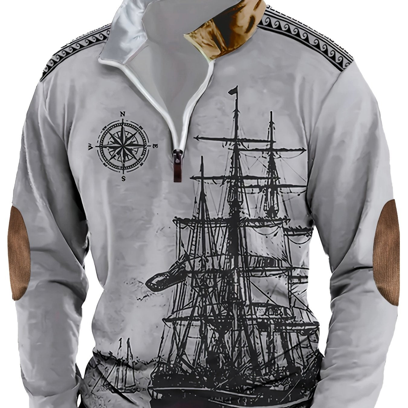 Autumn Distressed Style Sailboat Print Men'S Casual Comfortable Long-Sleeved Polo Shirt Inner Cloth