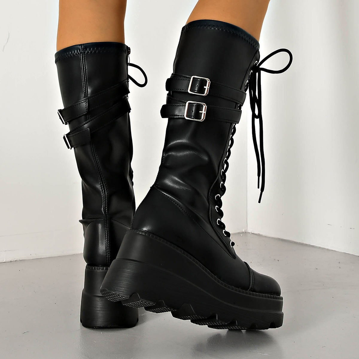 iH2 Women's Winter Platform High-Heel Boots - Thick Platform Wedge (Up to 4cm) with Back Zipper Closure, Round Toe Faux Snow Boots, TPR Sole & Fabric - Dress Boots for Dresses/Coutfits (European/American Style) - Heavy-Duty