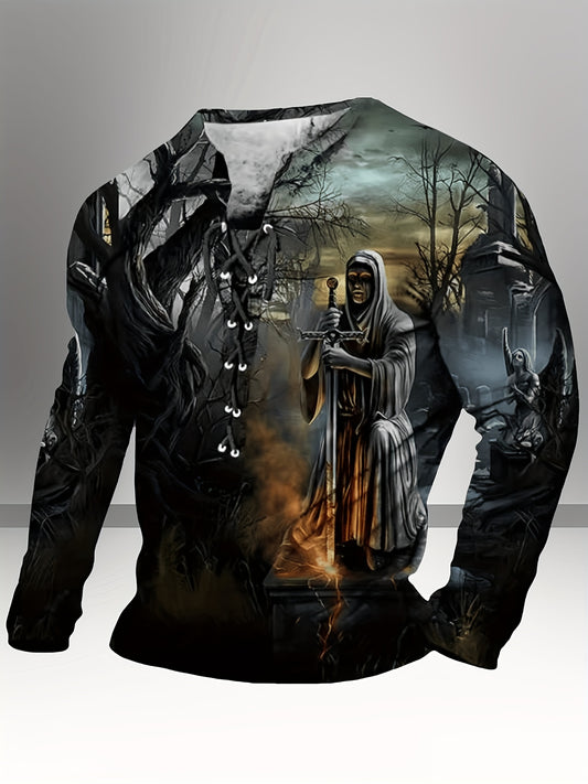 Men's Vintage Casual Long Sleeve Crew Neck Henry Shirt, Polyester, Geometric Pattern, Regular Fit, Knit Fabric, Drawstring, Autumn/Winter Season, Men's Fashion Top