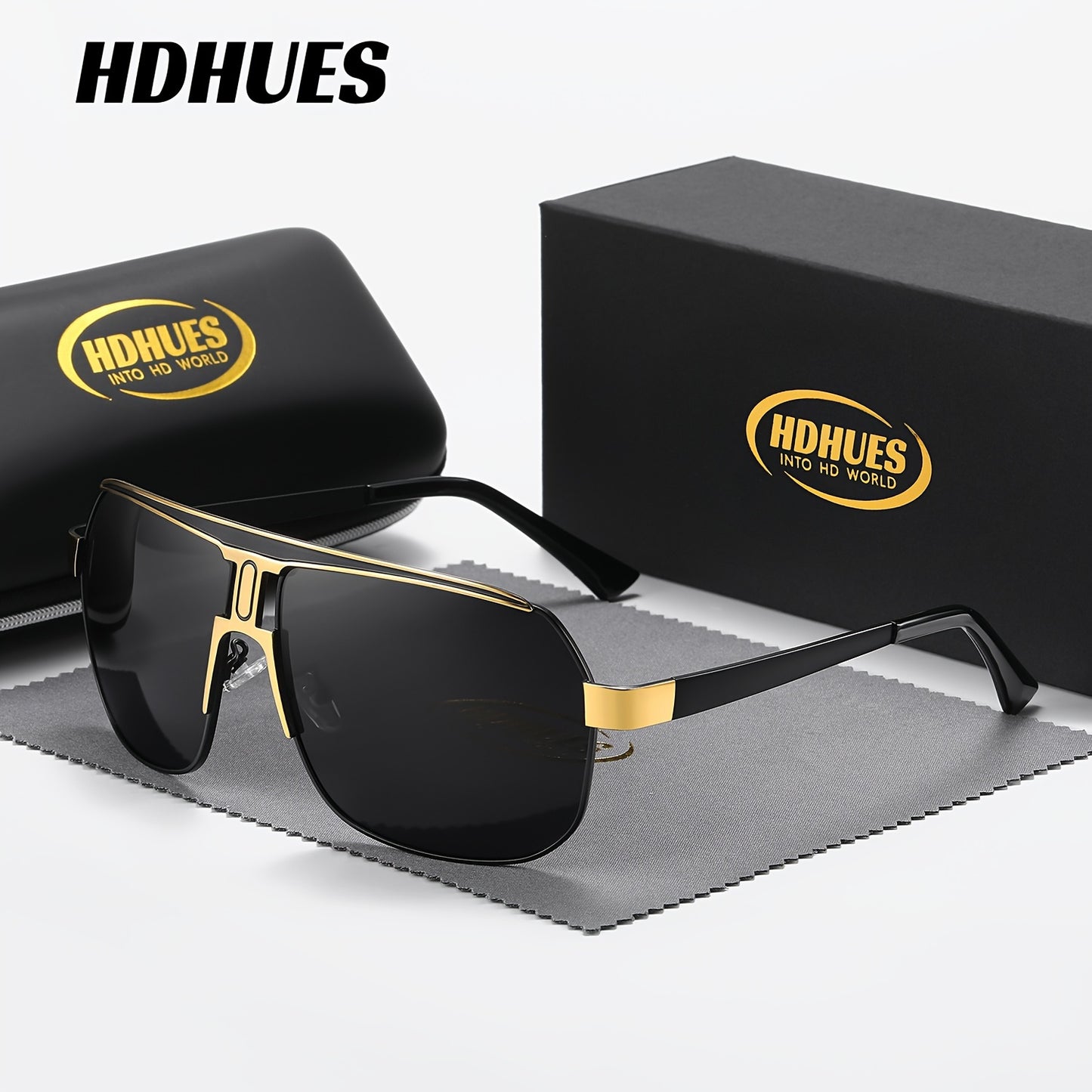 HdHues Unisex Polarized Glasses, Casual Square Oversized Frame, Metal & Acetate, PC Lens, UV Protection, Daily Leisure Sports Glasses with Case