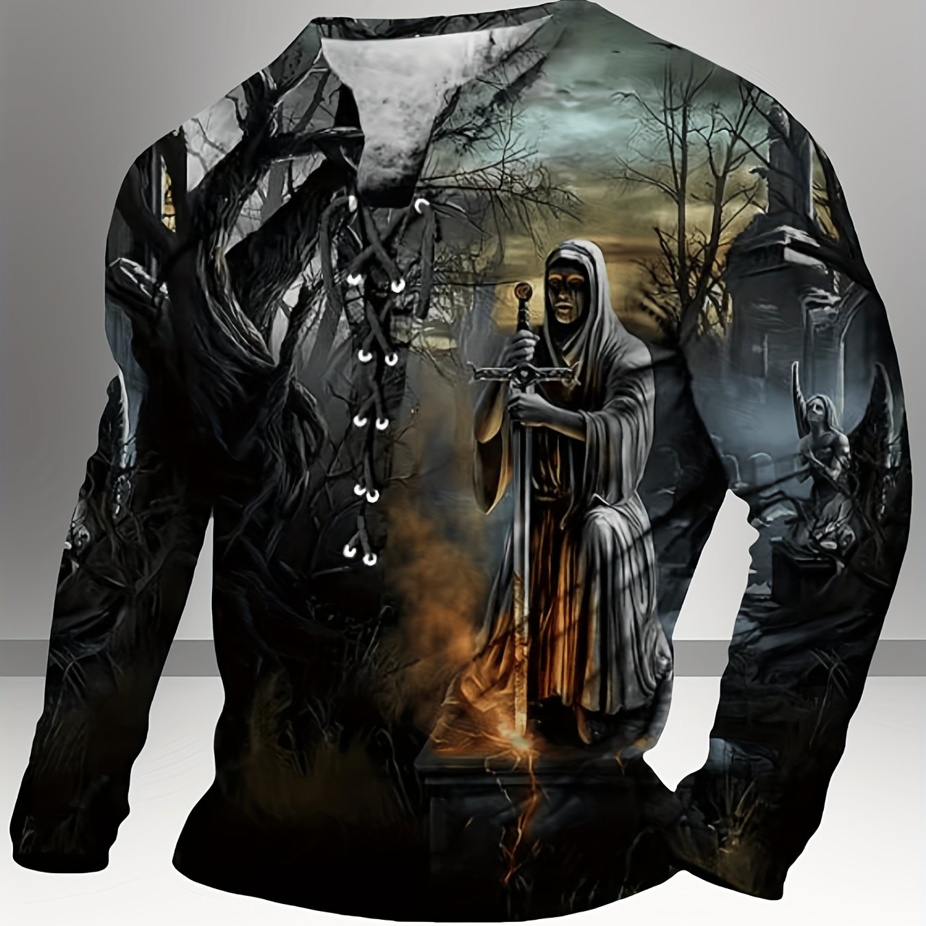 Men's Vintage Casual Long Sleeve Crew Neck Henry Shirt, Polyester, Geometric Pattern, Regular Fit, Knit Fabric, Drawstring, Autumn/Winter Season, Men's Fashion Top