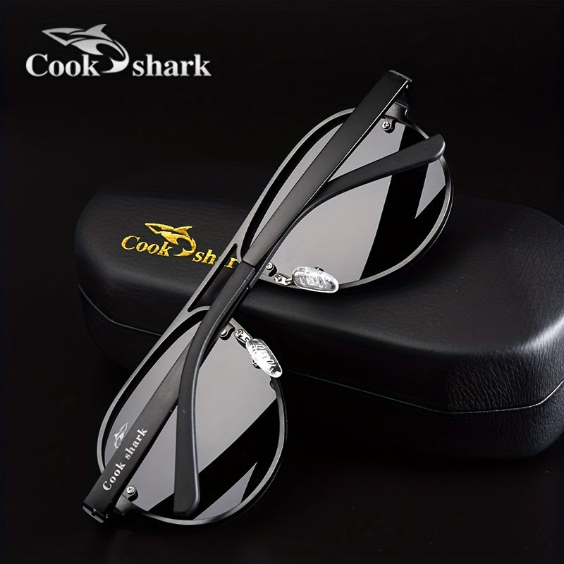 cookshark Men's Retro Pilot Fashion Glasses - Lightweight Oval Frame, Vintage Style with Protective Case - Black & Golden Accents for Casual, Parties, Stylish Logo Detail, Premium Feel Eyewear