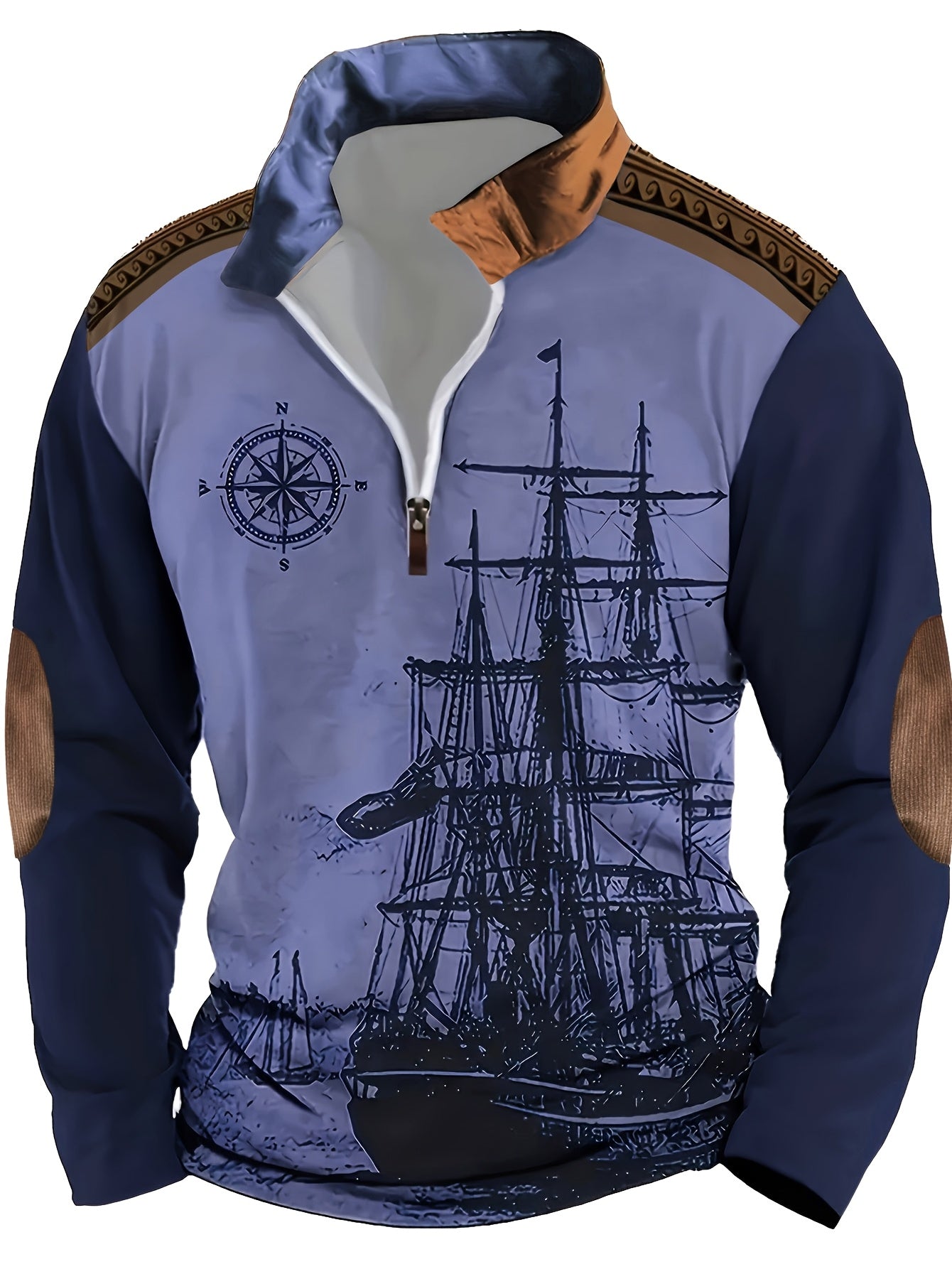 Autumn Distressed Style Sailboat Print Men'S Casual Comfortable Long-Sleeved Polo Shirt Inner Cloth