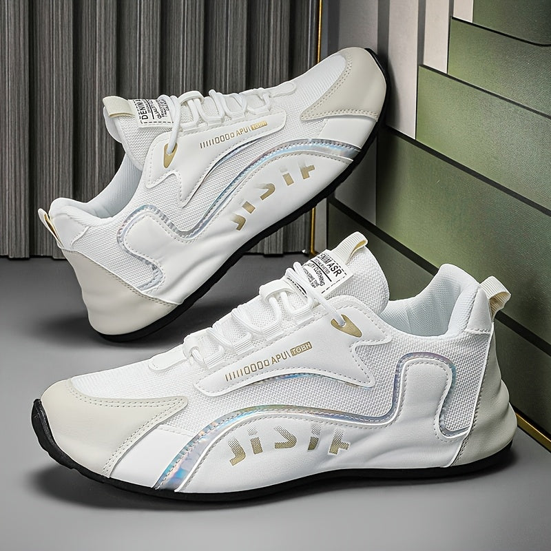 Zhenyuezu 's Low-Top Sneakers - White/Golden PU Upper, Beige/ Tread, Lace-Up Casual Shoes with Cushioned Insole & PVC Sole, Minimalist Beige & Golden Accent Design for Office, Semi-Formal Wear - Versatile s