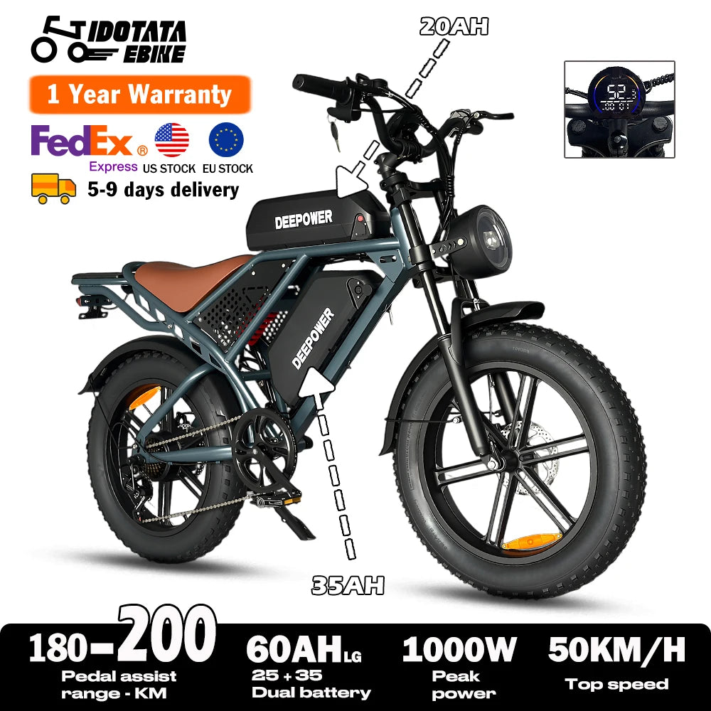 IDOTATA QS7 Electric Bike for Adults, 48V 60Ah, Dual Battery, 20inch, 4.0 Fat Tires,Snow Mountain E-Bike, 1000W Electric Bicycle