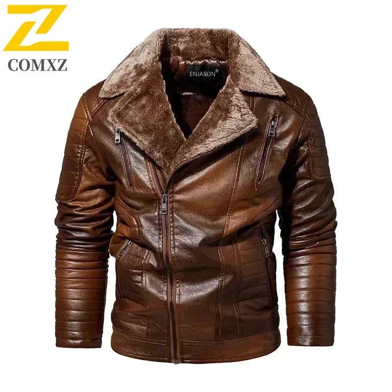 Fashion Warm Winter Mens PU Leather Jacket With Fur Collar Thicken Fleece Motorcycle Coat Casual Faux Leather Locomotive Jacket