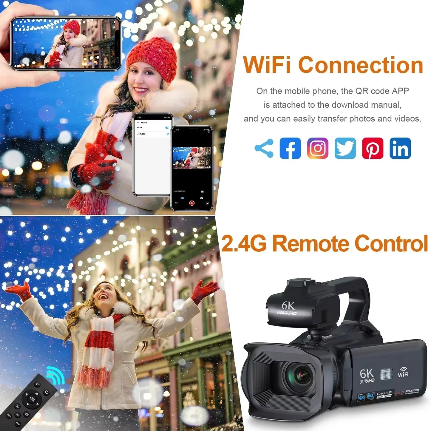 6K Professional Video Camera for Photography 18X Digital Zoom Night Vision Vlogging Camera 64MP WiFi Livestream Webcam Camcorder