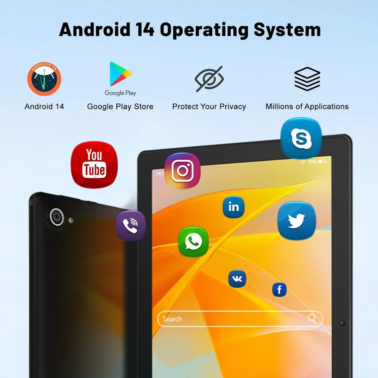 Tablet 10 Inch Android 14 Octa-Core 8GB RAM 64GB ROM 1280x800 IPS Tablets PC WiFi6 Bluetooth5.3 Widevine L1 Dual Camera Speakers