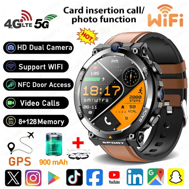 4G Smart Watch Men 1.39 inch Screen 900mah Battery 8GB+128GB RAM 500W Camera Video Call GPS WIFI Google APPS Download Smartwatch