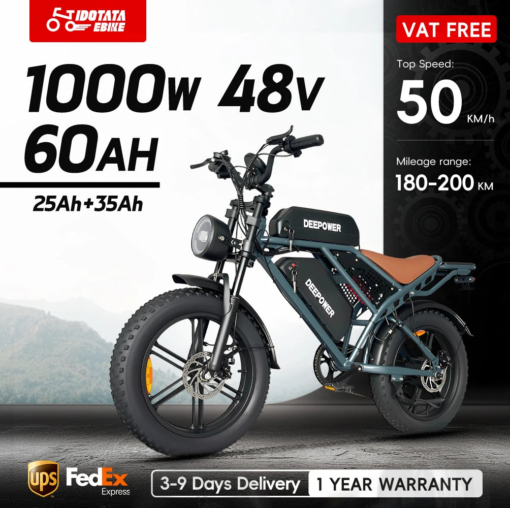 IDOTATA QS7 Electric Bike for Adults, 48V 60Ah, Dual Battery, 20inch, 4.0 Fat Tires,Snow Mountain E-Bike, 1000W Electric Bicycle