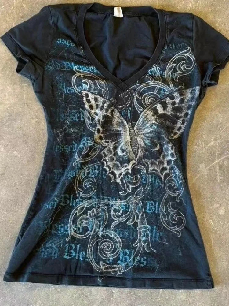 2025 Summer Y2k Harajuku Tshirts for Women V-neck Short Sleeve Tunic Camisetas Pink Print Tees Crop Tops Casual Chic Y2k T-shirt