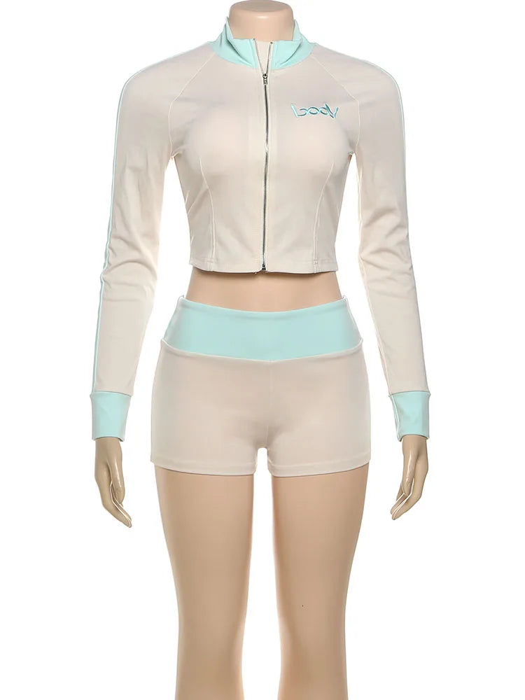kliou Panelled Trend Women 2 Piece Set Autumn Casual Zip-up Full Sleeve Crop Outwear+Matching Slim Shorts Female Daily Tracksuit