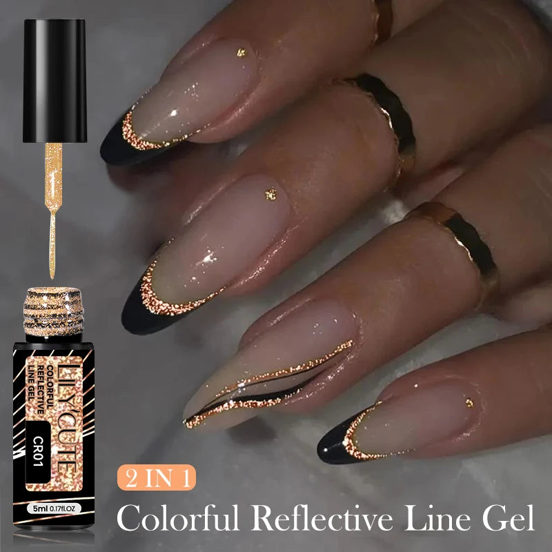LILYCUTE 5ML Champagne Gold Reflective Glitter Liner Gel Nail Polish Bright Sparkling French Semi Permanent Nail Painting UV Gel