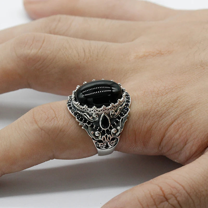 925 Sterling Silver Natural Black Onyx Men's Ring Vintage Turkish Punk Jewelry Trend Jewelry Set Couple Rings Women's Rings