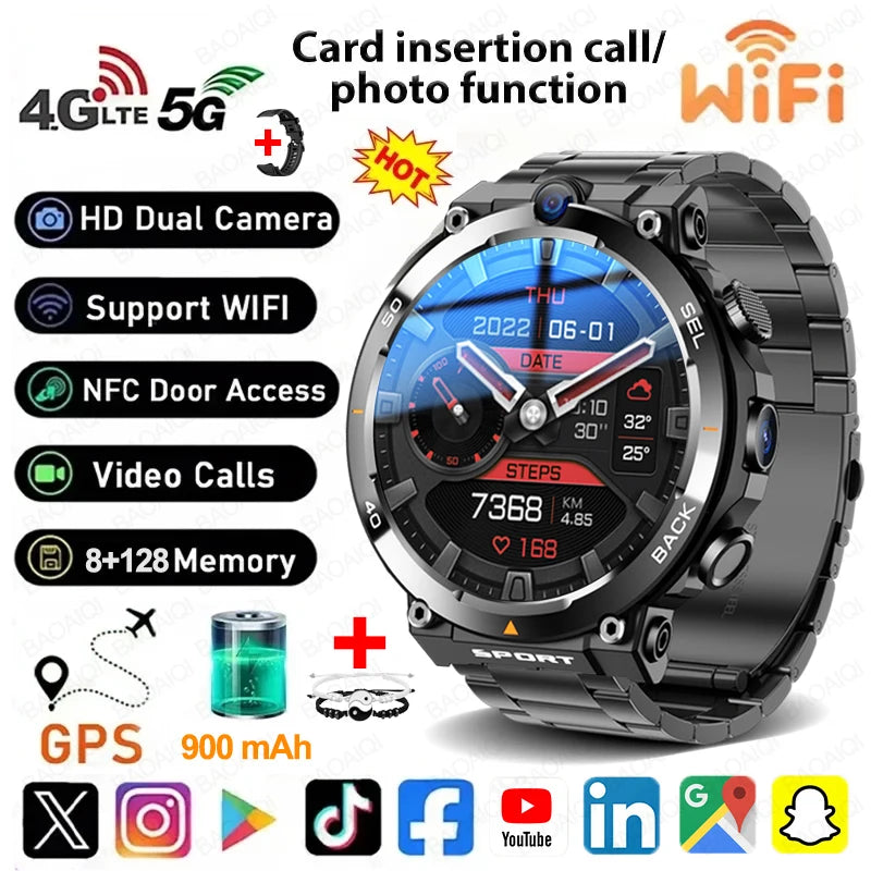 4G Smart Watch Men 1.39 inch Screen 900mah Battery 8GB+128GB RAM 500W Camera Video Call GPS WIFI Google APPS Download Smartwatch