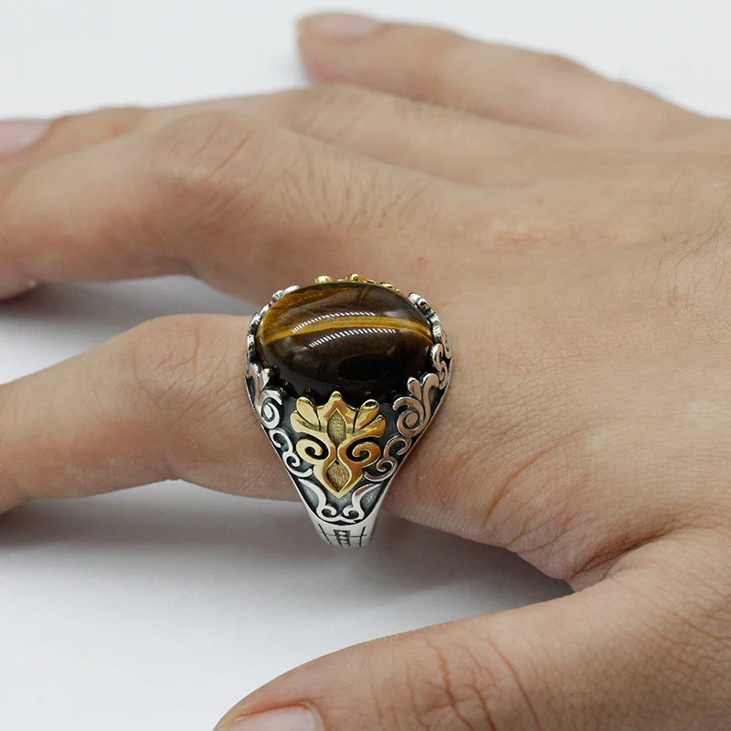 Handmade 925 Sterling Silver Mens Ring With Natural Tiger Eye Stone Oxidized Silver Ring Turkish men's Fashion Jewelry