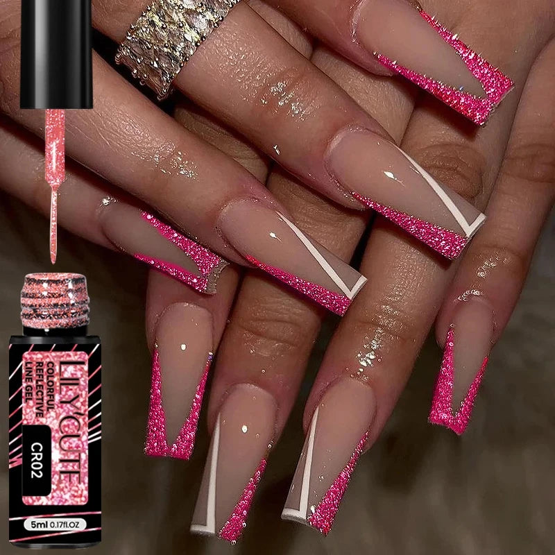 LILYCUTE 5ML Champagne Gold Reflective Glitter Liner Gel Nail Polish Bright Sparkling French Semi Permanent Nail Painting UV Gel