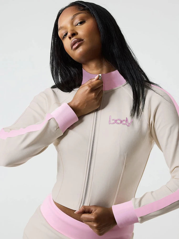 kliou Panelled Trend Women 2 Piece Set Autumn Casual Zip-up Full Sleeve Crop Outwear+Matching Slim Shorts Female Daily Tracksuit