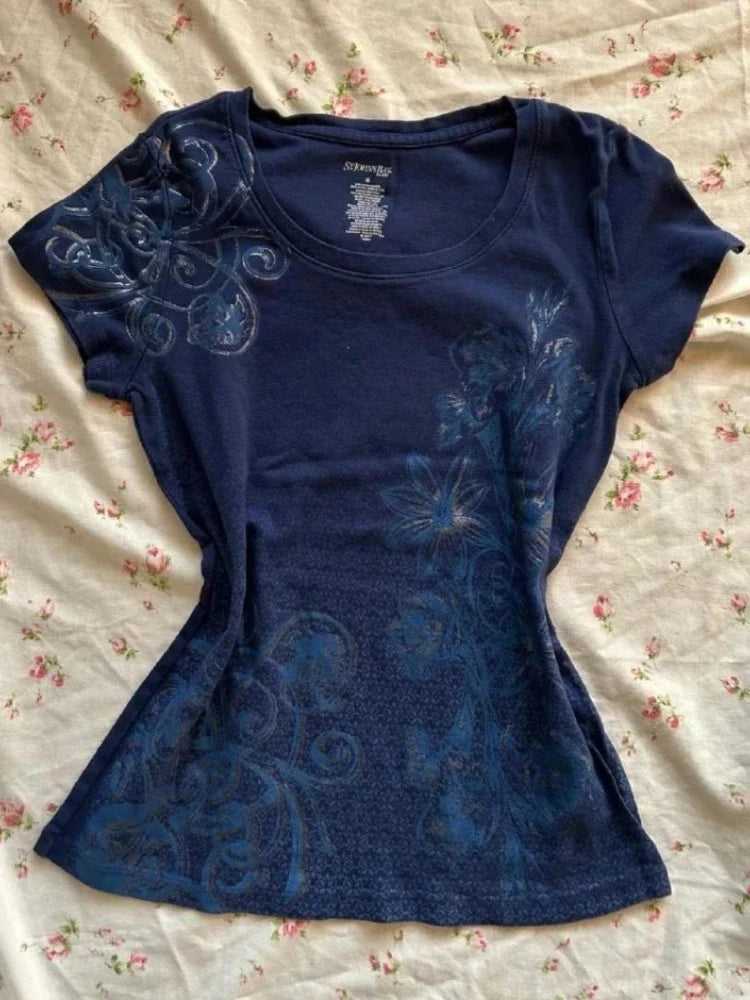 2025 Summer Y2k Harajuku Tshirts for Women V-neck Short Sleeve Tunic Camisetas Pink Print Tees Crop Tops Casual Chic Y2k T-shirt