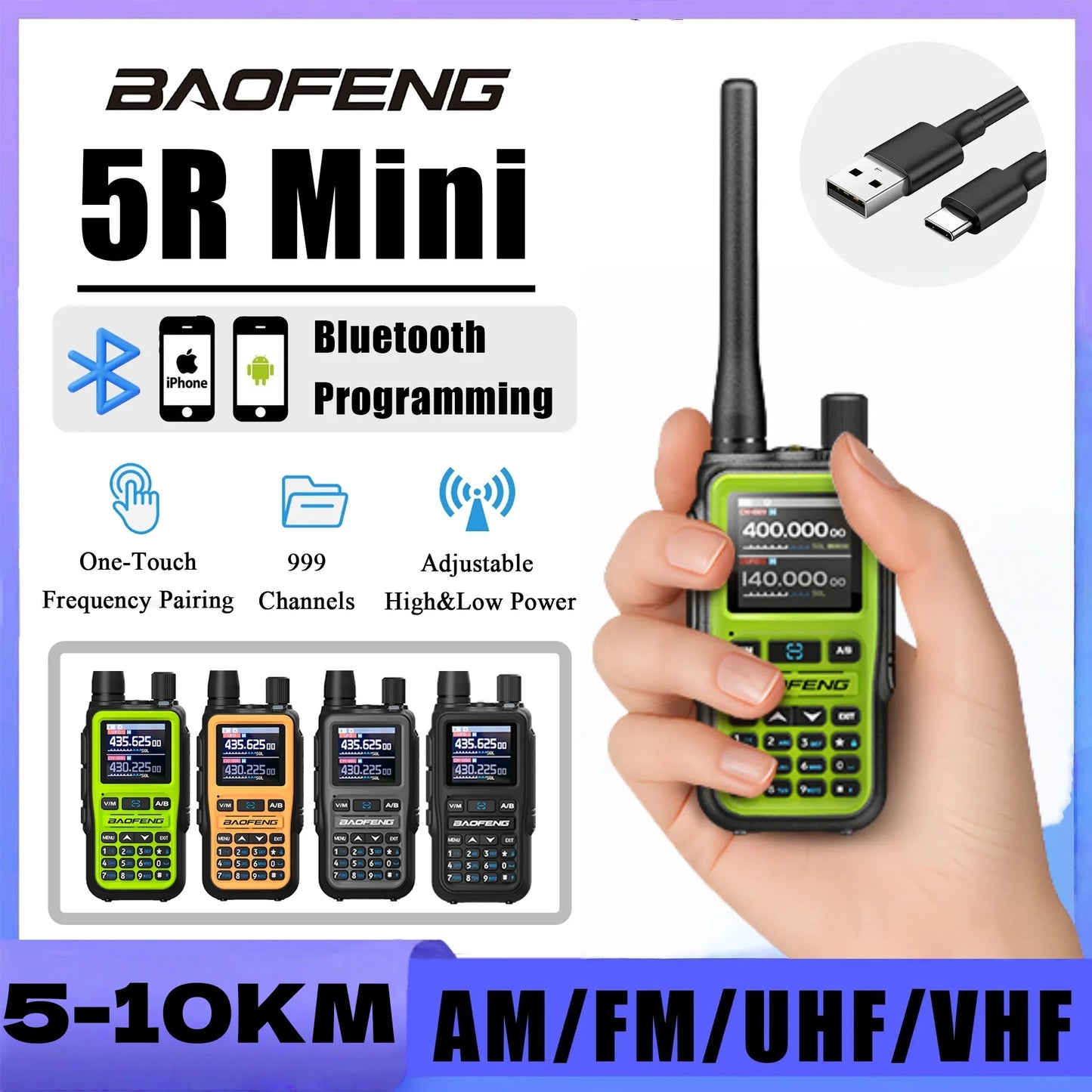 Baofeng UV 5R Mini Full Band Walkie Talkie Bluetooth Programming AM Wireless Copy Frequency 999CH Type-C Portable Ham Radio