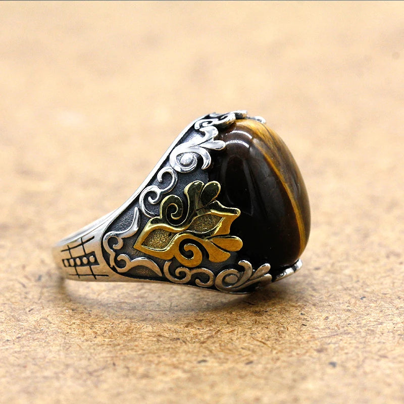 Handmade 925 Sterling Silver Mens Ring With Natural Tiger Eye Stone Oxidized Silver Ring Turkish men's Fashion Jewelry