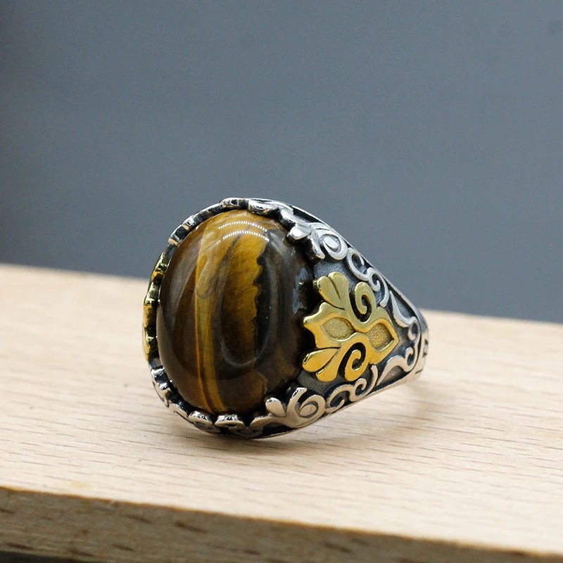 Handmade 925 Sterling Silver Mens Ring With Natural Tiger Eye Stone Oxidized Silver Ring Turkish men's Fashion Jewelry