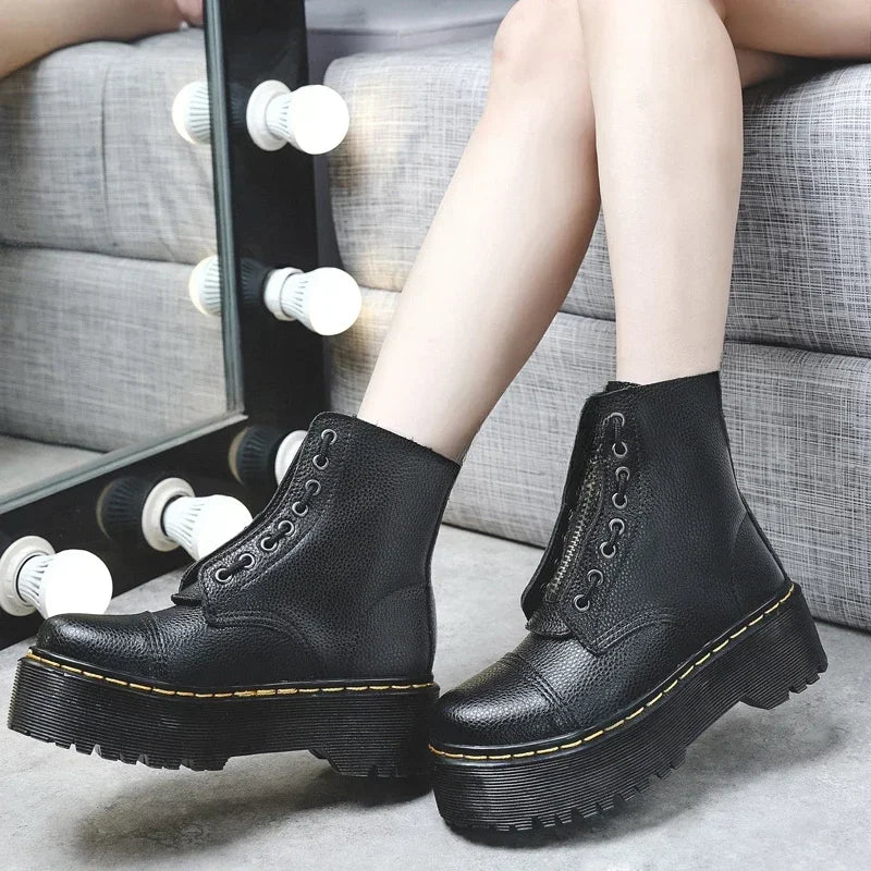 Women Boots Genuine Leather Platform Boots Motorcycle Shoes Front Zipper Optical Soles Fashion Sexy Punk Men Winter Boots 35-44