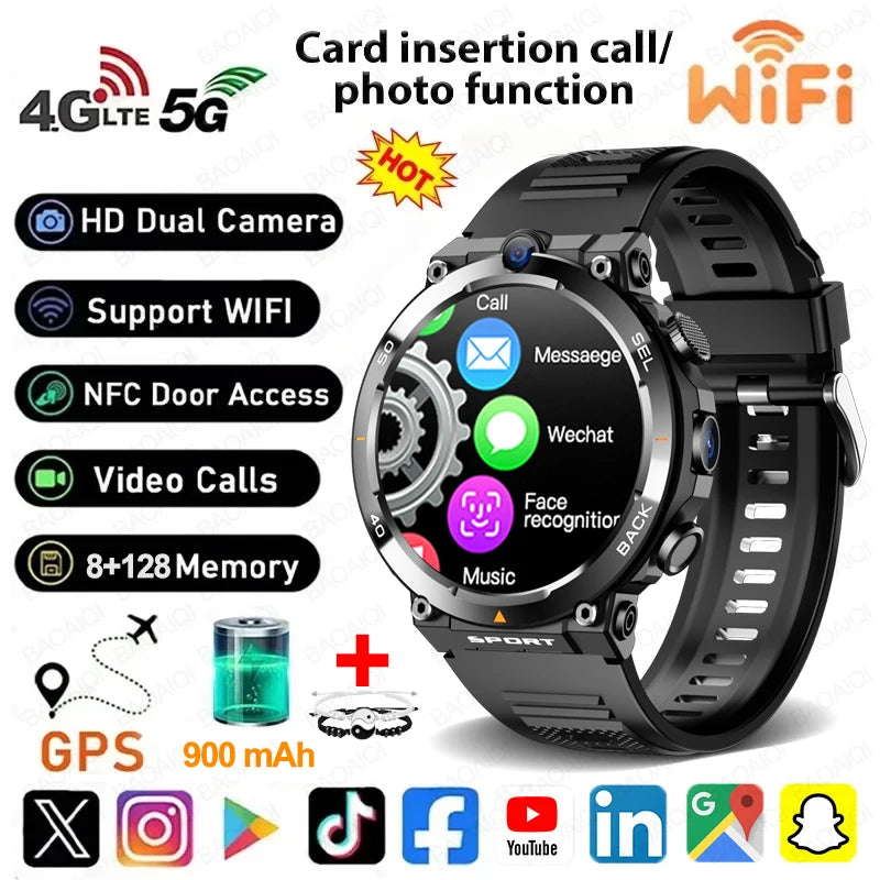4G Smart Watch Men 1.39 inch Screen 900mah Battery 8GB+128GB RAM 500W Camera Video Call GPS WIFI Google APPS Download Smartwatch