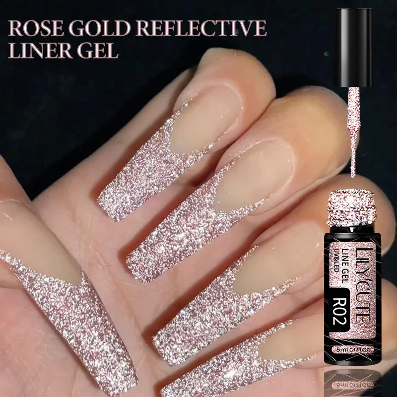 LILYCUTE 5ML Champagne Gold Reflective Glitter Liner Gel Nail Polish Bright Sparkling French Semi Permanent Nail Painting UV Gel