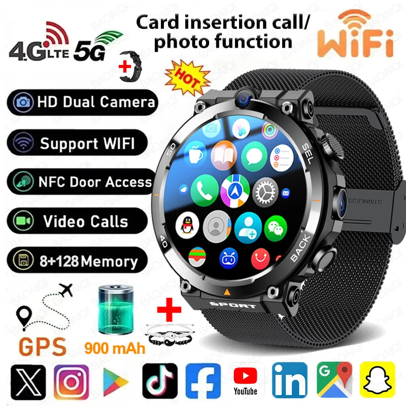 4G Smart Watch Men 1.39 inch Screen 900mah Battery 8GB+128GB RAM 500W Camera Video Call GPS WIFI Google APPS Download Smartwatch