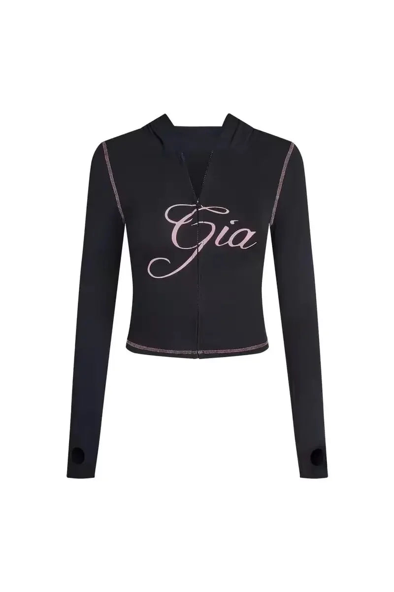 new shoulder letter printed open thread design slim fit hooded zipper short jacket shorts set