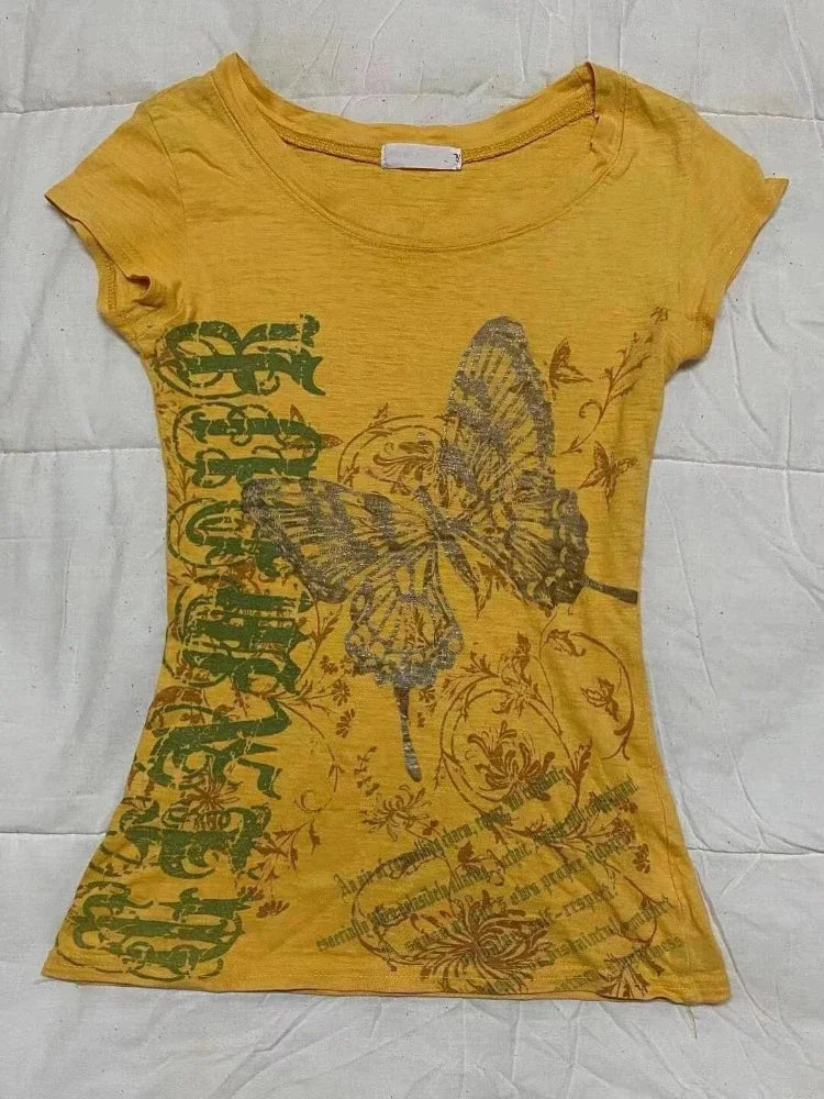 2025 Summer Y2k Harajuku Tshirts for Women V-neck Short Sleeve Tunic Camisetas Pink Print Tees Crop Tops Casual Chic Y2k T-shirt