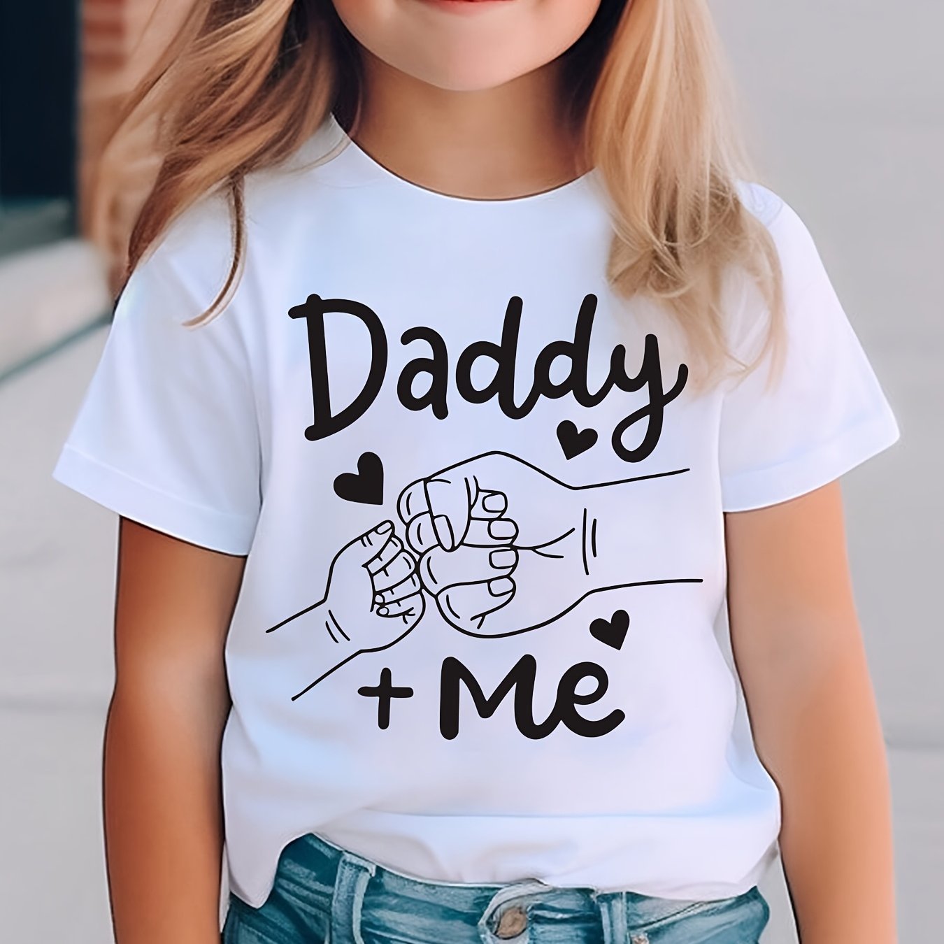 Summer Fashion Girls' Short Sleeve T-Shirt with "Big Fist Meets Little Fist" Daddy + Me Letter Print Casual Top NYDX4322