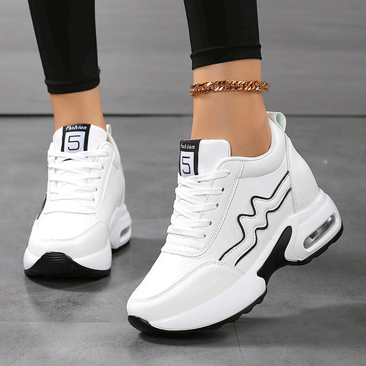 Women'S Platform Sneakers - Thick Platform Shoes with Cushioned Insole & Arch Support, White Lace-Up Sneakers for Everyday, Gym, Office - All-Season Height Increase Footwear, Ladies Sneakers, Gym Footwear, Sleek Design, Comfo