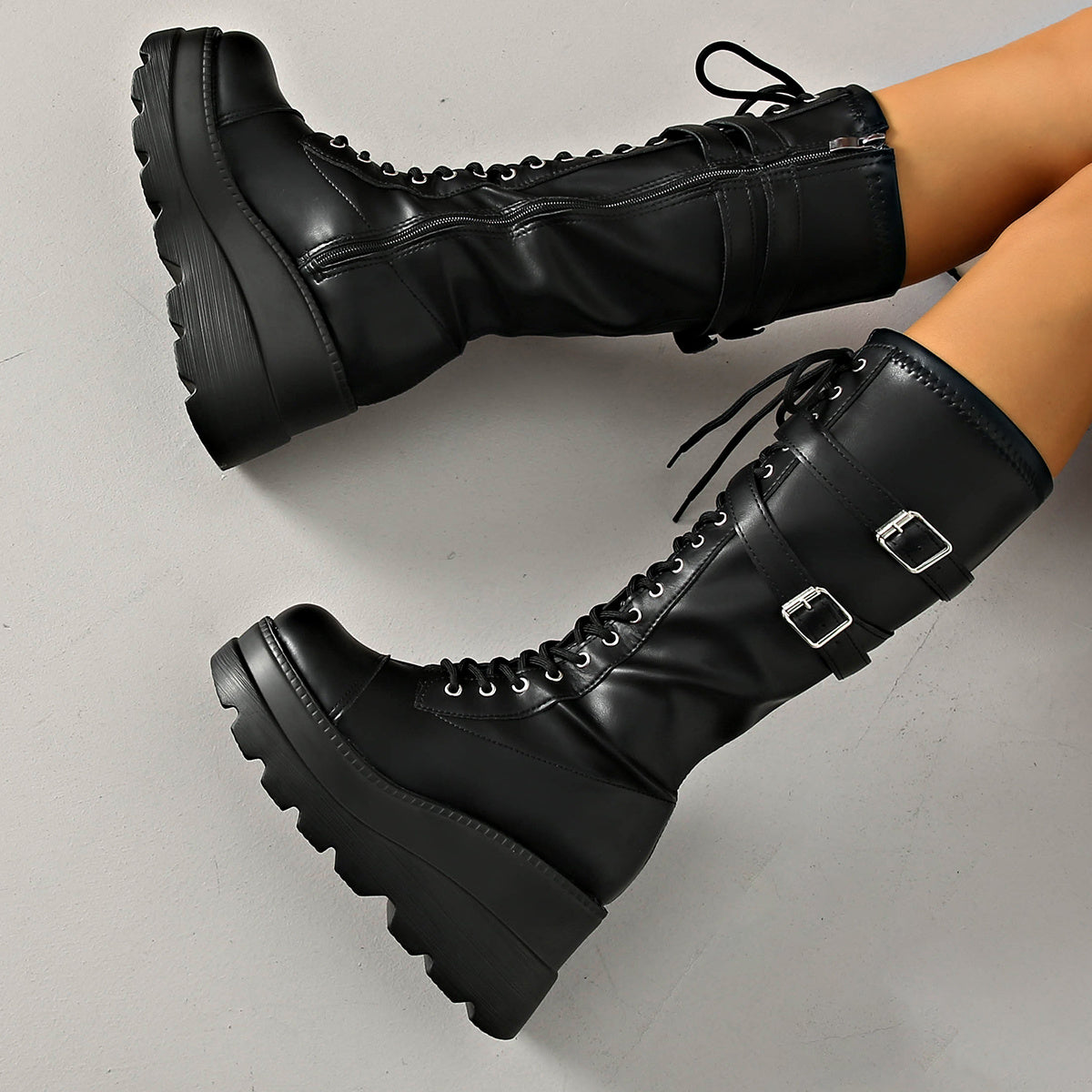 iH2 Women's Winter Platform High-Heel Boots - Thick Platform Wedge (Up to 4cm) with Back Zipper Closure, Round Toe Faux Snow Boots, TPR Sole & Fabric - Dress Boots for Dresses/Coutfits (European/American Style) - Heavy-Duty