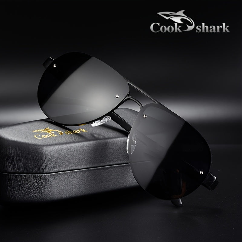 cookshark Men's Retro Pilot Fashion Glasses - Lightweight Oval Frame, Vintage Style with Protective Case - Black & Golden Accents for Casual, Parties, Stylish Logo Detail, Premium Feel Eyewear