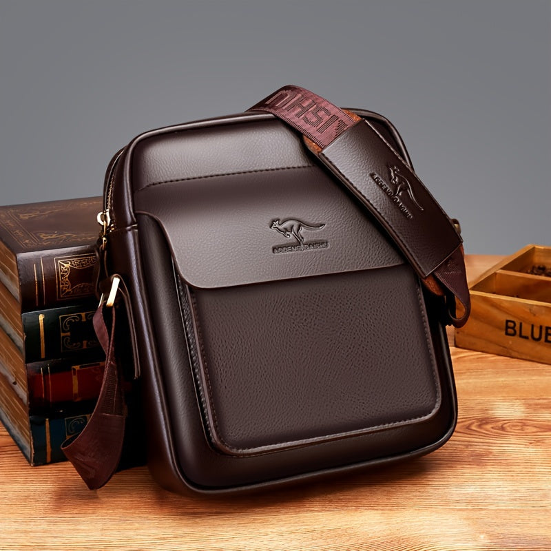 DOSHENG Men's Stylish Black Synthetic Leather Crossbody Bag - Adjustable Strap, Multi-Compartment Business Casual Satchel with Embossed Dinosaur Logo for Office Use, Versatile Crossbody Bag | Stylish Men's Accessory | Metalli