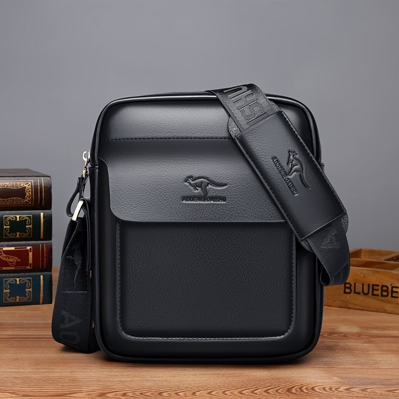 DOSHENG Men's Stylish Black Synthetic Leather Crossbody Bag - Adjustable Strap, Multi-Compartment Business Casual Satchel with Embossed Dinosaur Logo for Office Use, Versatile Crossbody Bag | Stylish Men's Accessory | Metalli