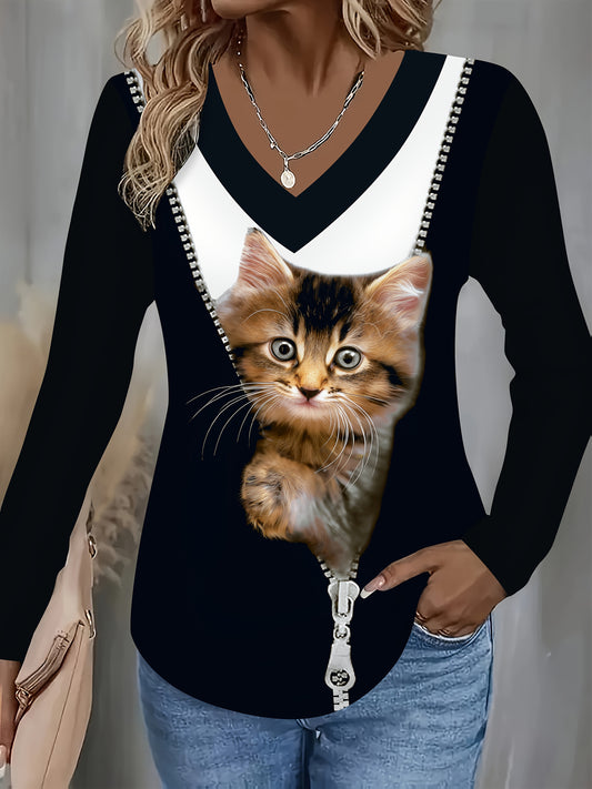 Women'S Elegant V-Neck Long Sleeve T-Shirt with Adorable Kitten Print - Soft Polyester Blend, Casual Comfort Fit, All-Season Wear, Machine Washable, Cute T Shirts