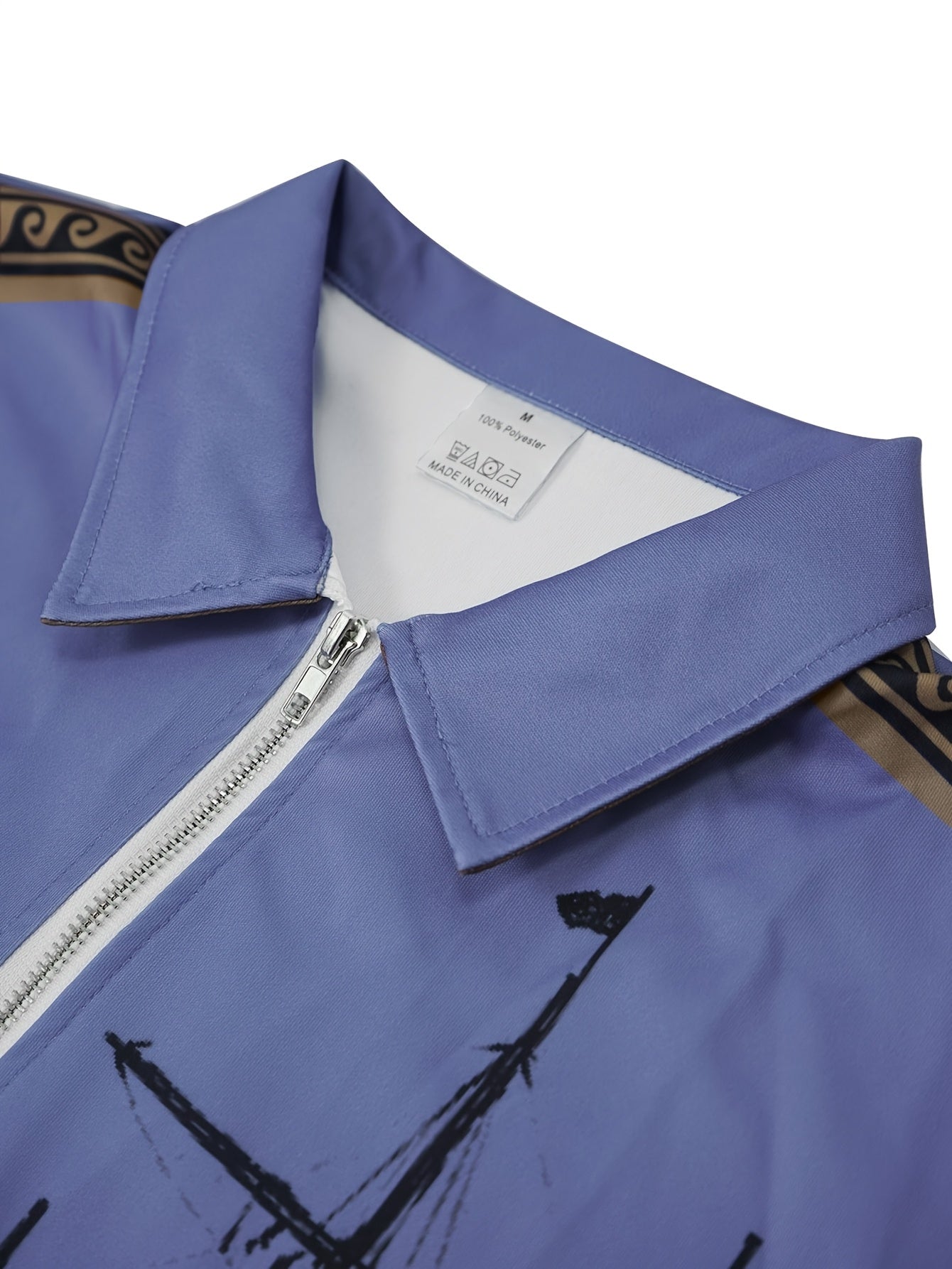 Autumn Distressed Style Sailboat Print Men'S Casual Comfortable Long-Sleeved Polo Shirt Inner Cloth