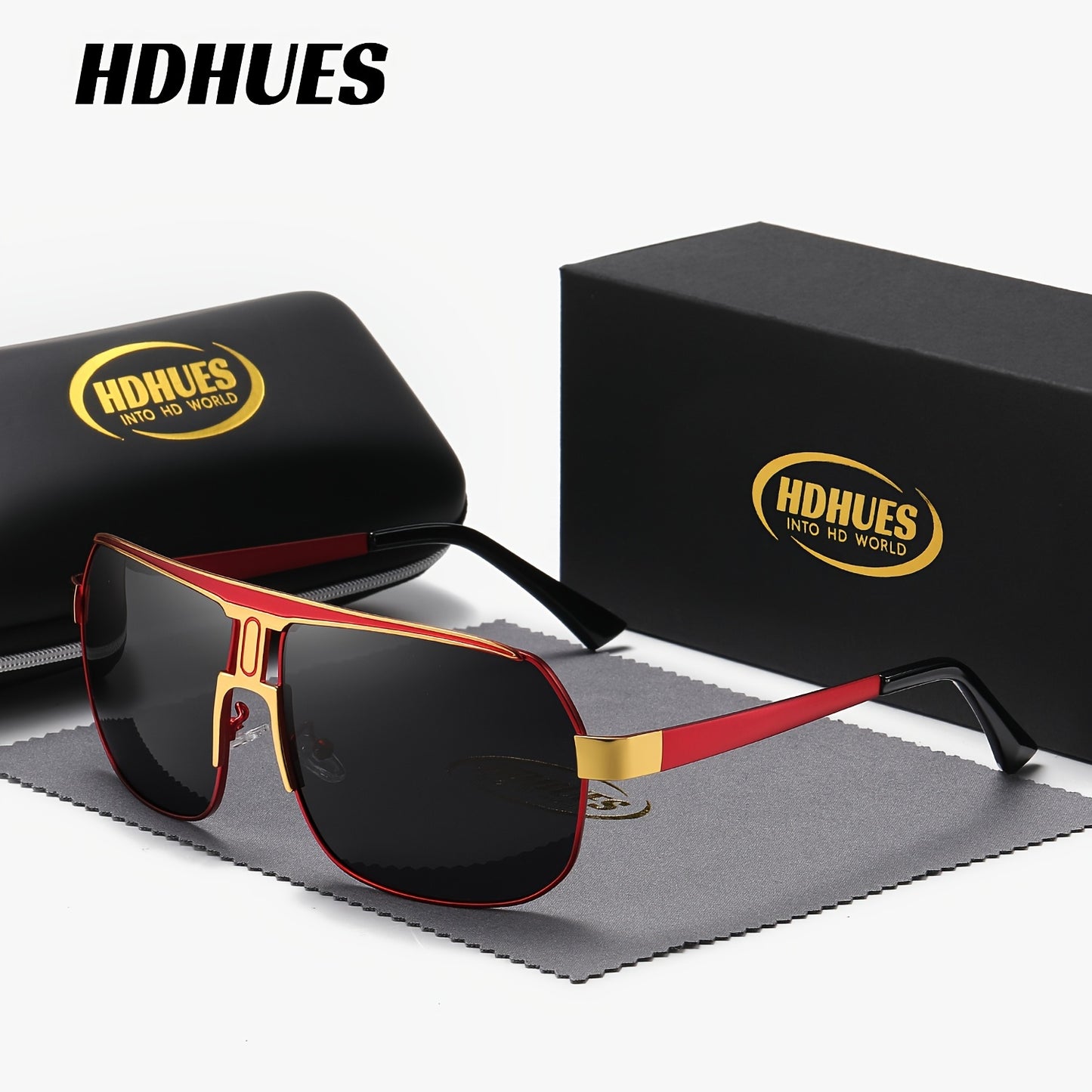 HdHues Unisex Polarized Glasses, Casual Square Oversized Frame, Metal & Acetate, PC Lens, UV Protection, Daily Leisure Sports Glasses with Case
