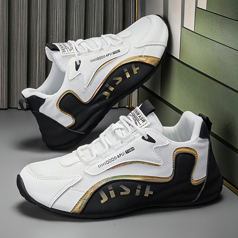 Zhenyuezu 's Low-Top Sneakers - White/Golden PU Upper, Beige/ Tread, Lace-Up Casual Shoes with Cushioned Insole & PVC Sole, Minimalist Beige & Golden Accent Design for Office, Semi-Formal Wear - Versatile s