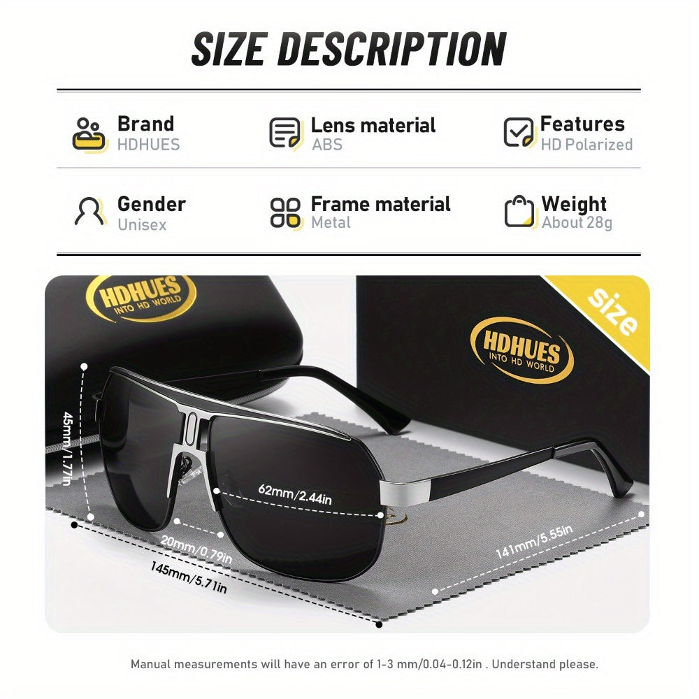 HdHues Unisex Polarized Glasses, Casual Square Oversized Frame, Metal & Acetate, PC Lens, UV Protection, Daily Leisure Sports Glasses with Case