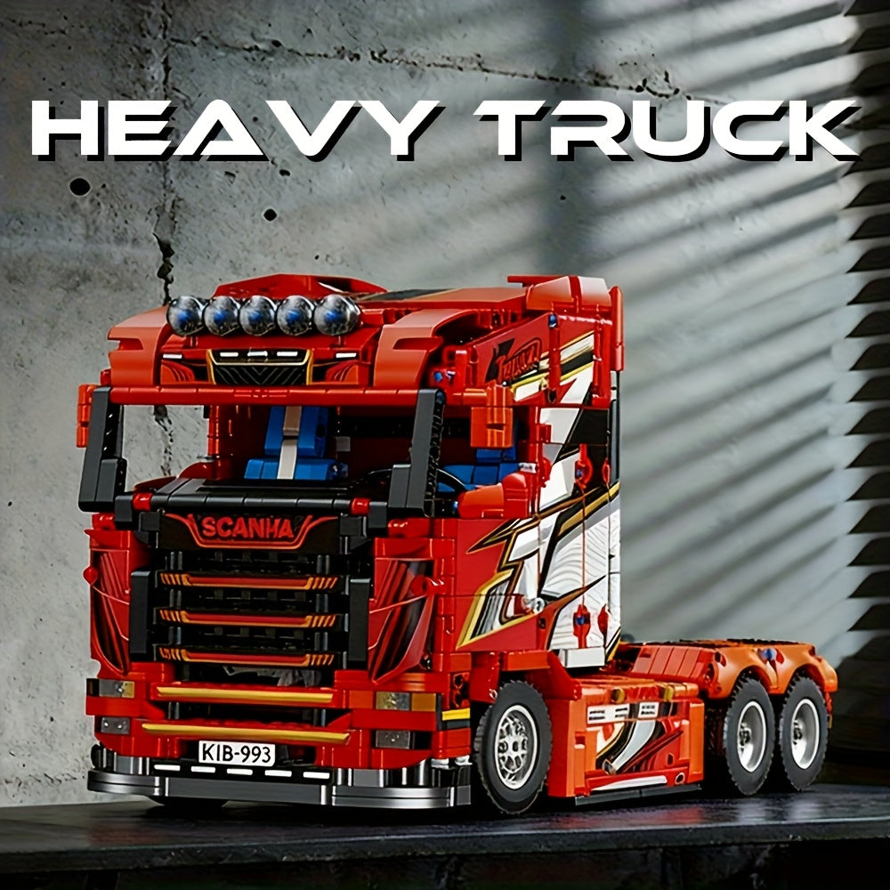 Large/Complex Red Heavy-Duty Truck Building Blocks Set - Realistic Tractor & Construction Vehicle Model Kit with Detailed Bricks, Challenging Assembly for &, Christmas/Birthday Gift for Home or Office Display