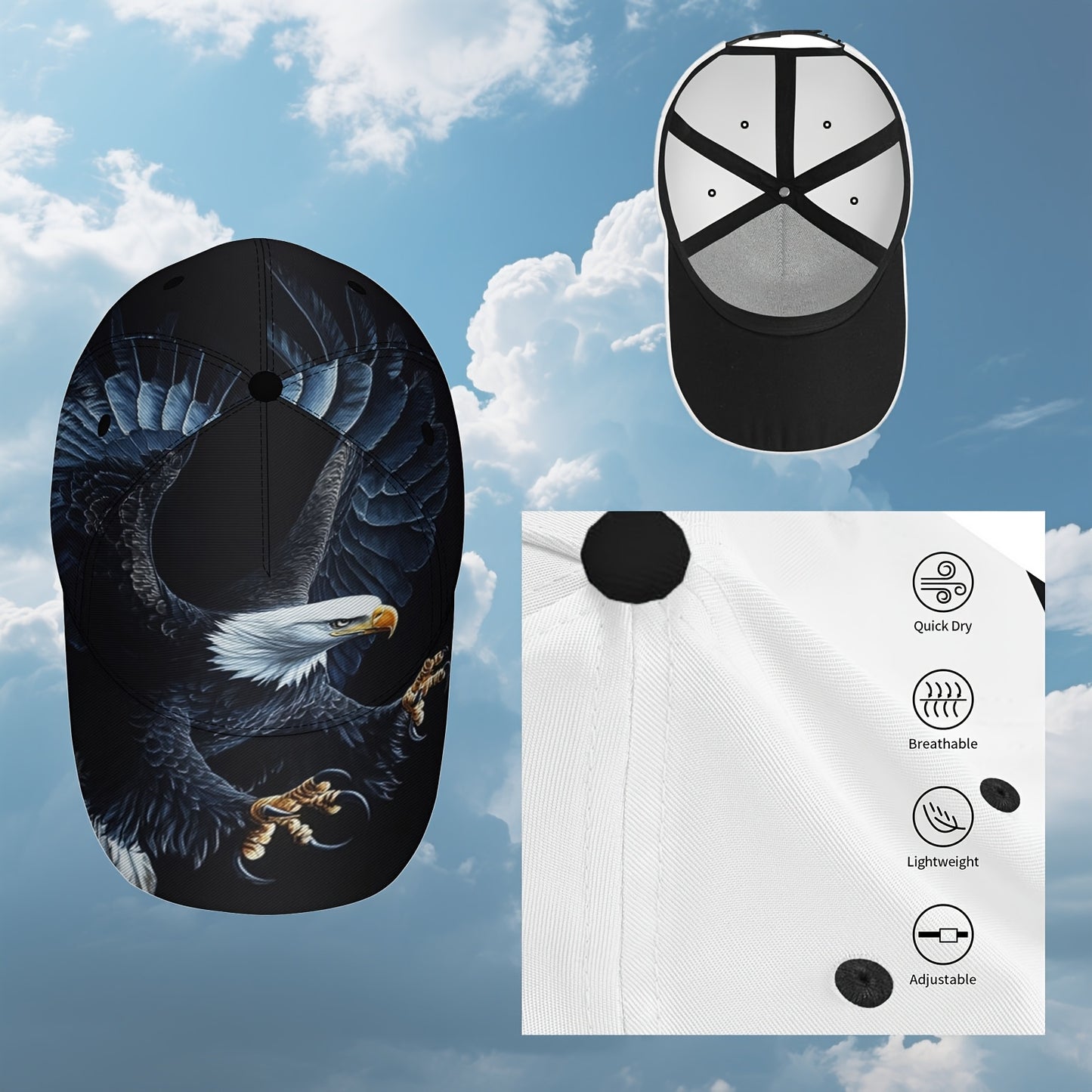 1pc Baseball Cap with Majestic Eagle in Flight - Adjustable Strap, Lightweight Foldable Hat for Outdoor Sports, Hiking, Casual - Unisex Duckbill Cap for Men & Women (Machine Washable) - Bold Eagle Graphic Design, Hiking Gear,