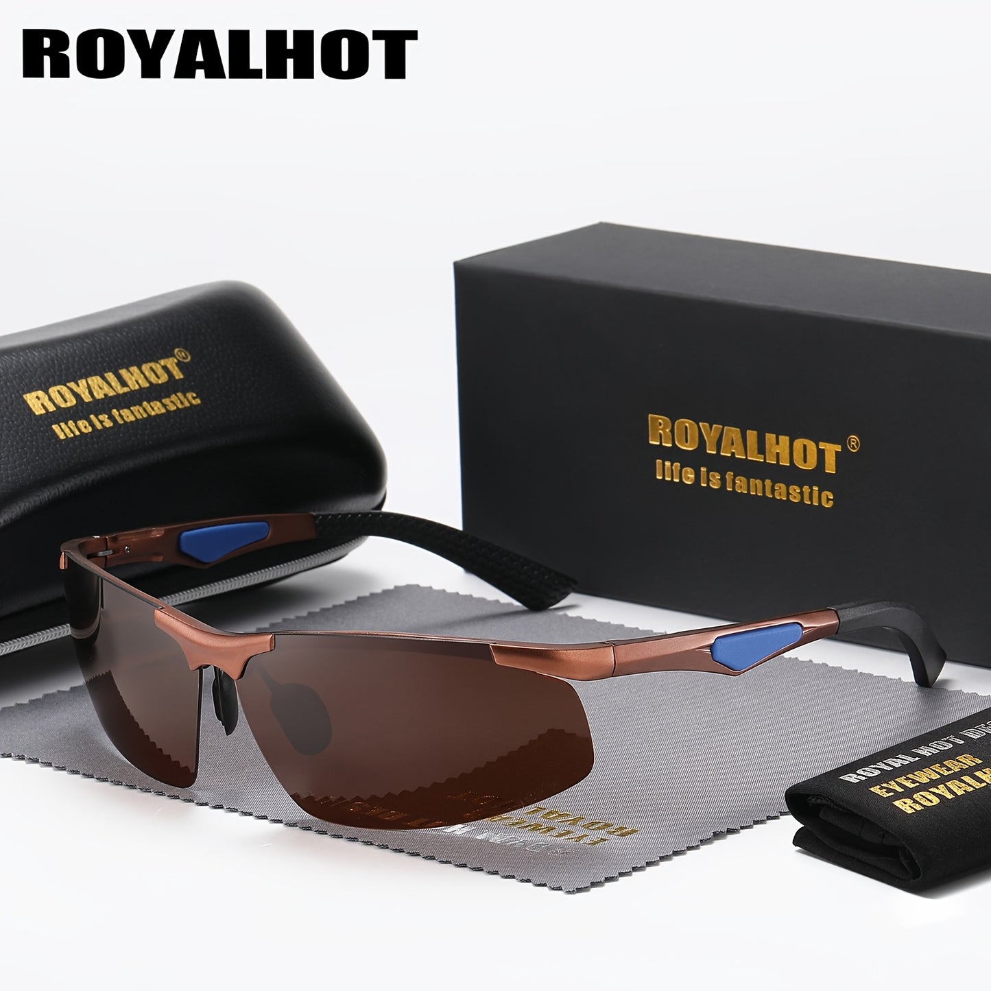 RoyalHot Men's Premium Aluminum Magnesium Polarized Fashion Glasses Driving Fashion Glasses with Golden Frame & Dark Tinted Lenses, Includes Case & Microfiber Cloth for Hiking Running Fishing, Outdoor Eyewear, Sleek Design, L